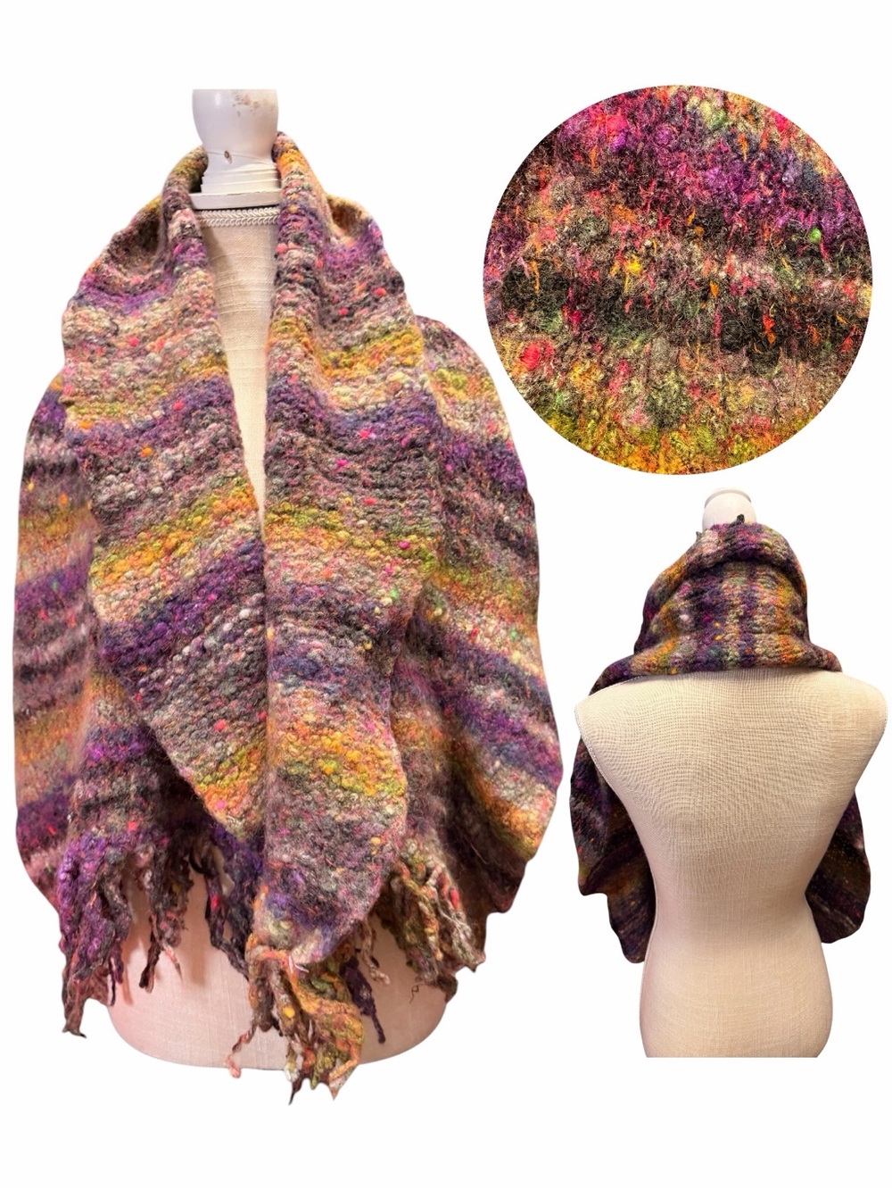 Handmade Artisan Textured Knit Fringe‎ Scarf Wrap Multicolor Shawl